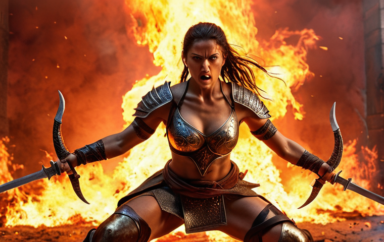 ** A determined Nikke warrior, like Marian, in a dynamic action pose. Fiery background, emphasizing her passionate and impulsive nature.

**
