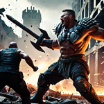 **A powerful Nikke warrior with a massive hammer, smashing through a horde of futuristic Rapture enemies. Dynamic action shot, sparks flying, intense battle scene. Dark, gritty sci-fi atmosphere, Polish urban ruins in the background.**