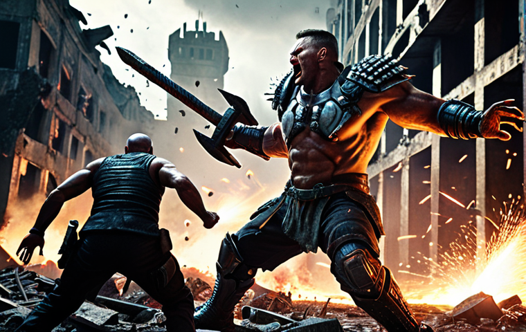 **A powerful Nikke warrior with a massive hammer, smashing through a horde of futuristic Rapture enemies. Dynamic action shot, sparks flying, intense battle scene. Dark, gritty sci-fi atmosphere, Polish urban ruins in the background.**