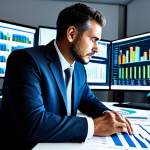 A professional financial analyst, fully clothed in a modest business suit, intently studying holographic market data displays in a clean, futuristic office environment. Charts and graphs depicting economic trends and item values float around them. The atmosphere is one of deep strategic thought and calm analysis. safe for work, appropriate content, professional, family-friendly, perfect anatomy, correct proportions, natural pose, well-formed hands, proper finger count, natural body proportions.