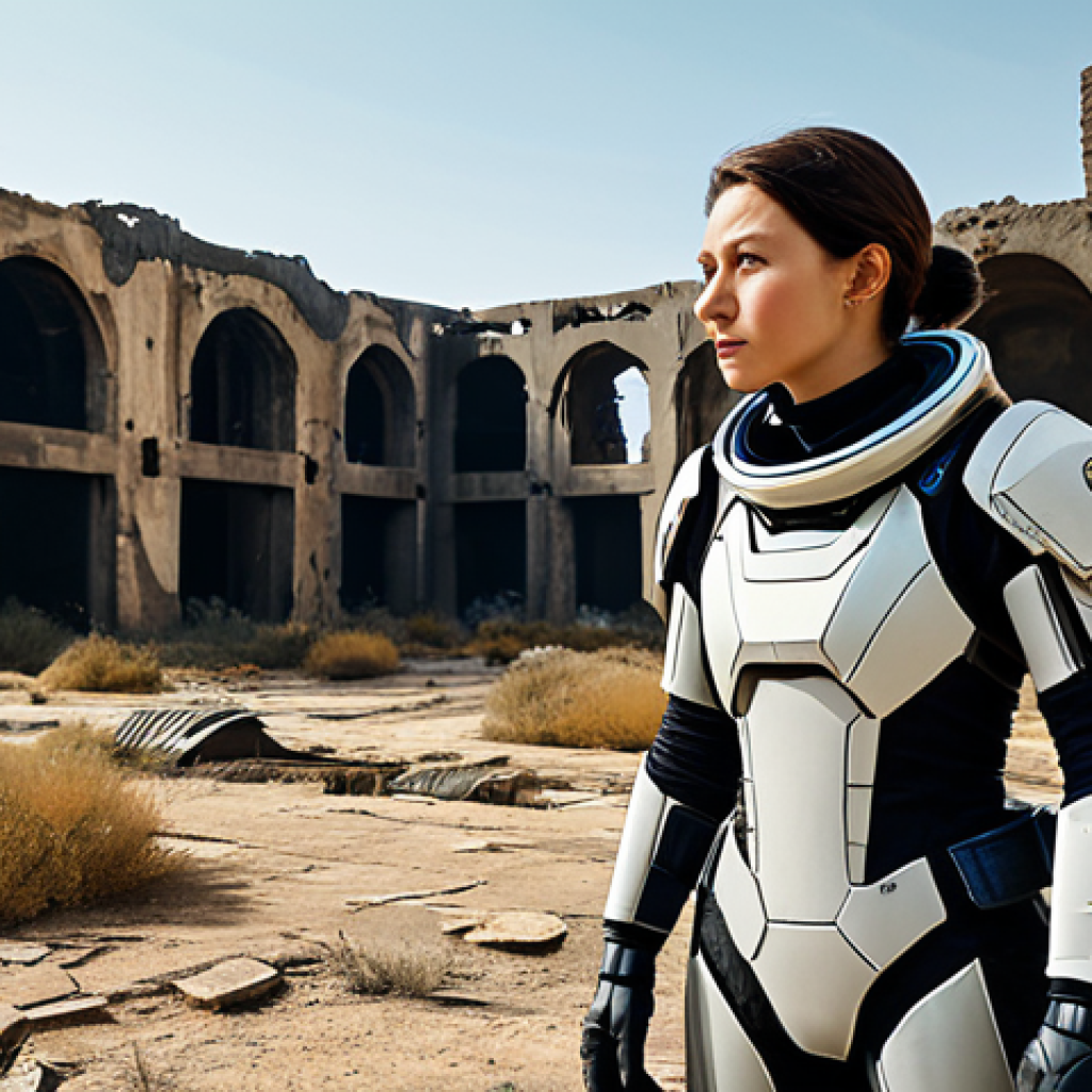 A female explorer, fully clothed in a modest, durable, futuristic exploration suit, stands amidst ancient, overgrown ruins in a desolate wasteland. Crumbling structures and dust fill the air, with distant, unique terrain features visible on the horizon. She is in a natural pose, looking intently towards a mysterious landmark, embodying a sense of discovery and untold history. Safe for work, appropriate content, fully clothed, perfect anatomy, correct proportions, well-formed hands, proper finger count, natural body proportions, professional photography, high quality, family-friendly.
