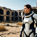 A female explorer, fully clothed in a modest, durable, futuristic exploration suit, stands amidst ancient, overgrown ruins in a desolate wasteland. Crumbling structures and dust fill the air, with distant, unique terrain features visible on the horizon. She is in a natural pose, looking intently towards a mysterious landmark, embodying a sense of discovery and untold history. Safe for work, appropriate content, fully clothed, perfect anatomy, correct proportions, well-formed hands, proper finger count, natural body proportions, professional photography, high quality, family-friendly.