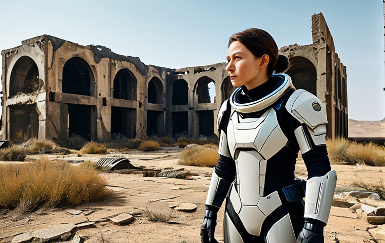 A female explorer, fully clothed in a modest, durable, futuristic exploration suit, stands amidst ancient, overgrown ruins in a desolate wasteland. Crumbling structures and dust fill the air, with distant, unique terrain features visible on the horizon. She is in a natural pose, looking intently towards a mysterious landmark, embodying a sense of discovery and untold history. Safe for work, appropriate content, fully clothed, perfect anatomy, correct proportions, well-formed hands, proper finger count, natural body proportions, professional photography, high quality, family-friendly.