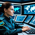 A professional female commander with a determined expression, wearing a modest, dark futuristic military uniform, seated at a holographic control panel within a high-tech command center. The screens display complex strategic data and abstract tactical schematics. Her posture conveys deep thought and the weight of responsibility. Fully clothed, appropriate attire, safe for work, perfect anatomy, natural pose, professional dress, natural body proportions, well-formed hands, correct proportions, high quality, appropriate content, family-friendly.