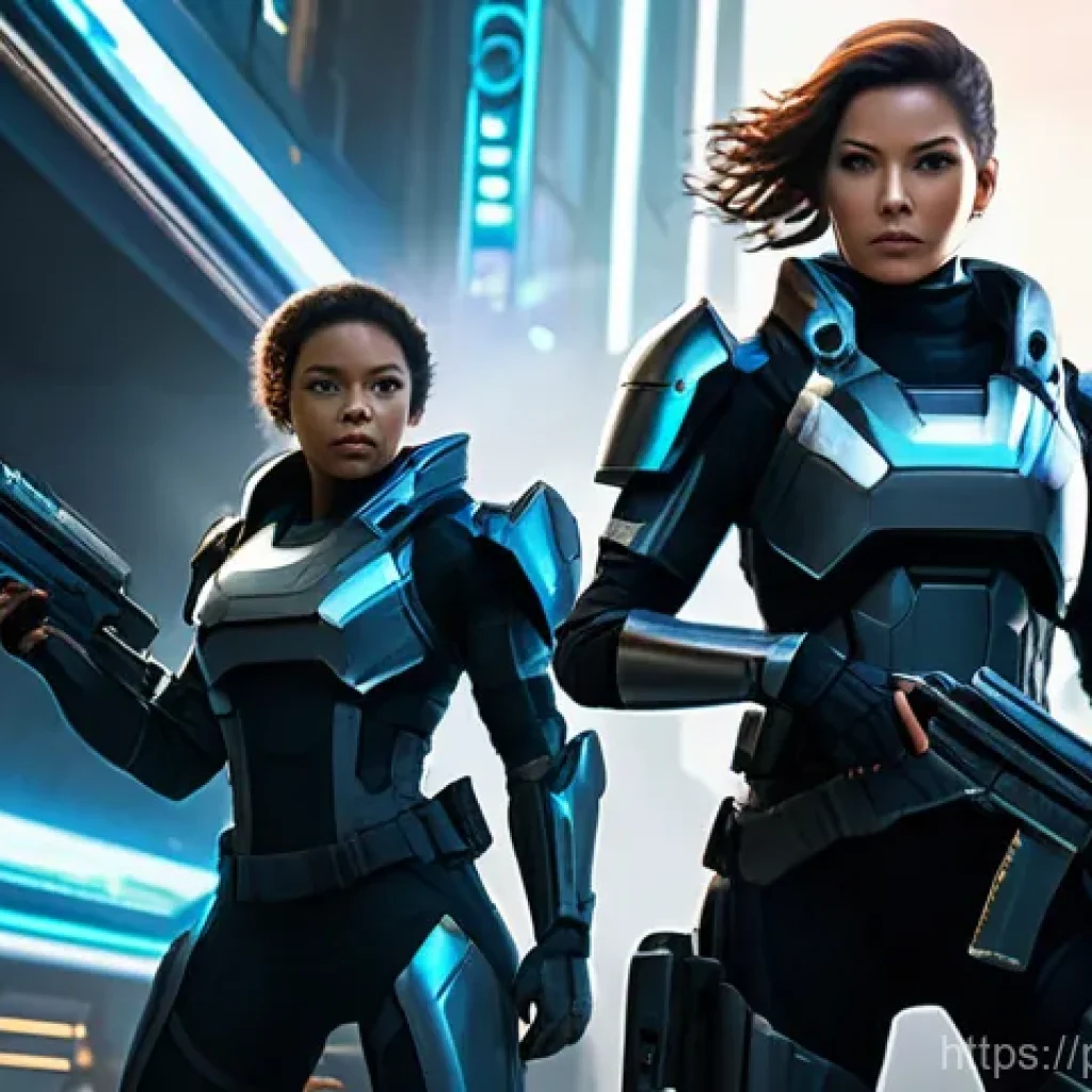 승리의여신 니케 도전 과제 해결법 - **Prompt:** A dynamic, full-body shot of three female futuristic soldiers, resembling "Nikke" charac...