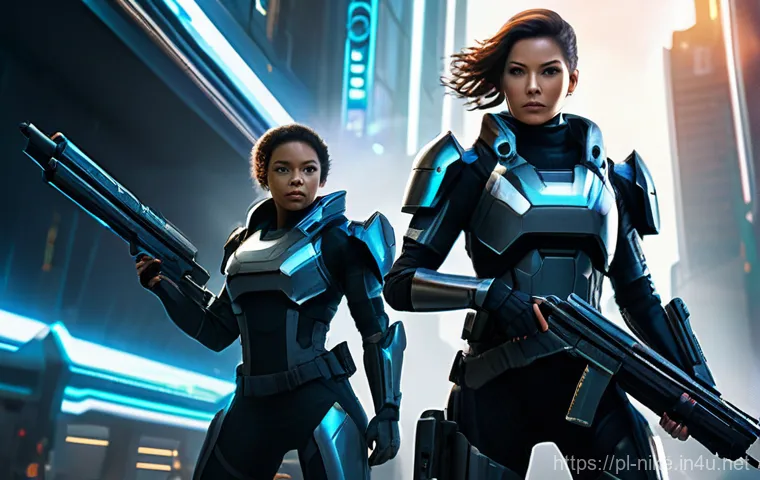 승리의여신 니케 도전 과제 해결법 - **Prompt:** A dynamic, full-body shot of three female futuristic soldiers, resembling "Nikke" charac...