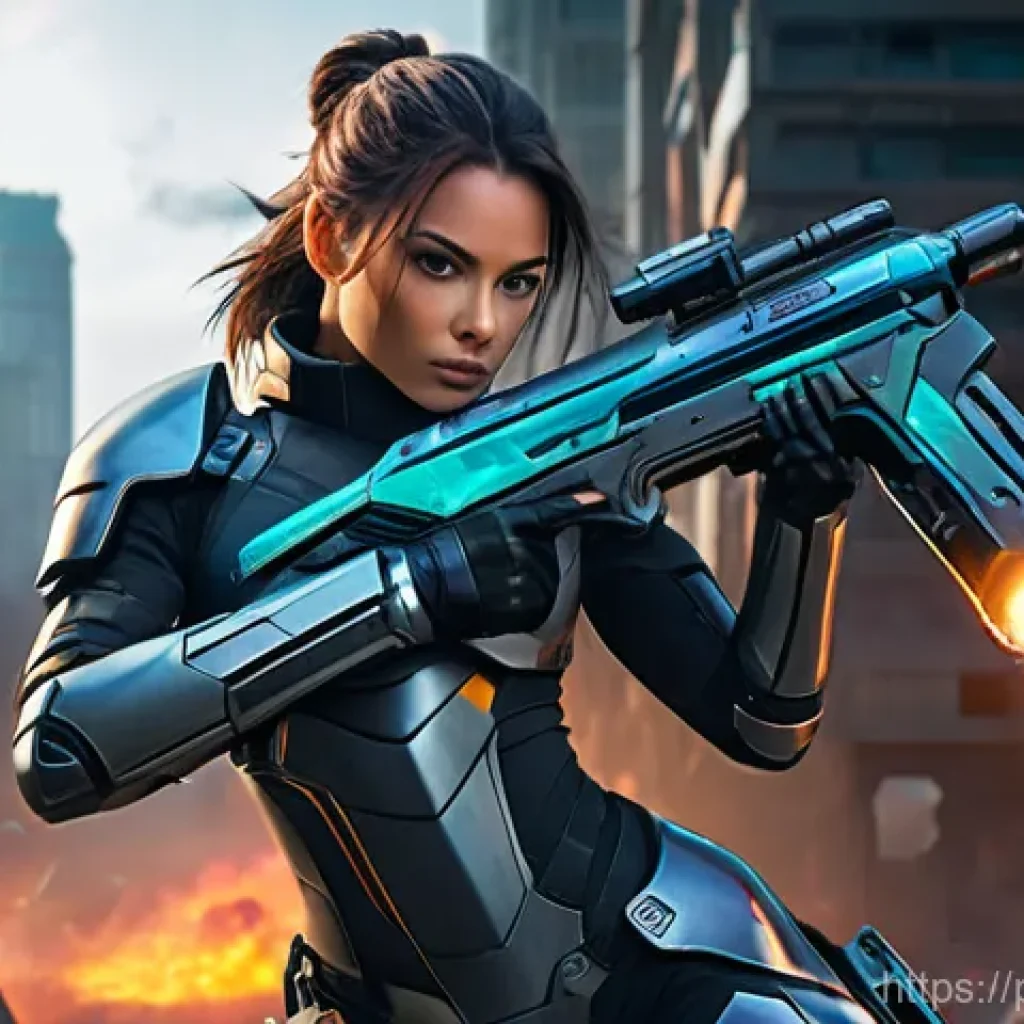 승리의여신 니케 데미지 시뮬레이션 - A powerful female Nikke character in a dynamic, mid-combat pose. She is wearing a futuristic, form-f...