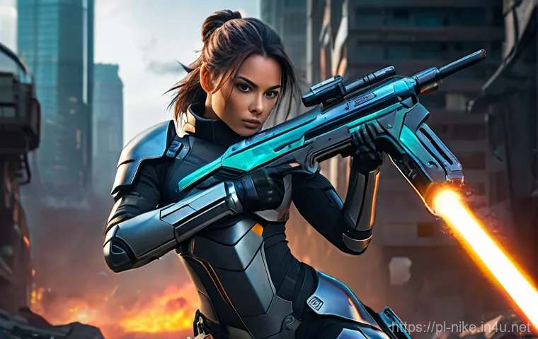 승리의여신 니케 데미지 시뮬레이션 - A powerful female Nikke character in a dynamic, mid-combat pose. She is wearing a futuristic, form-f...