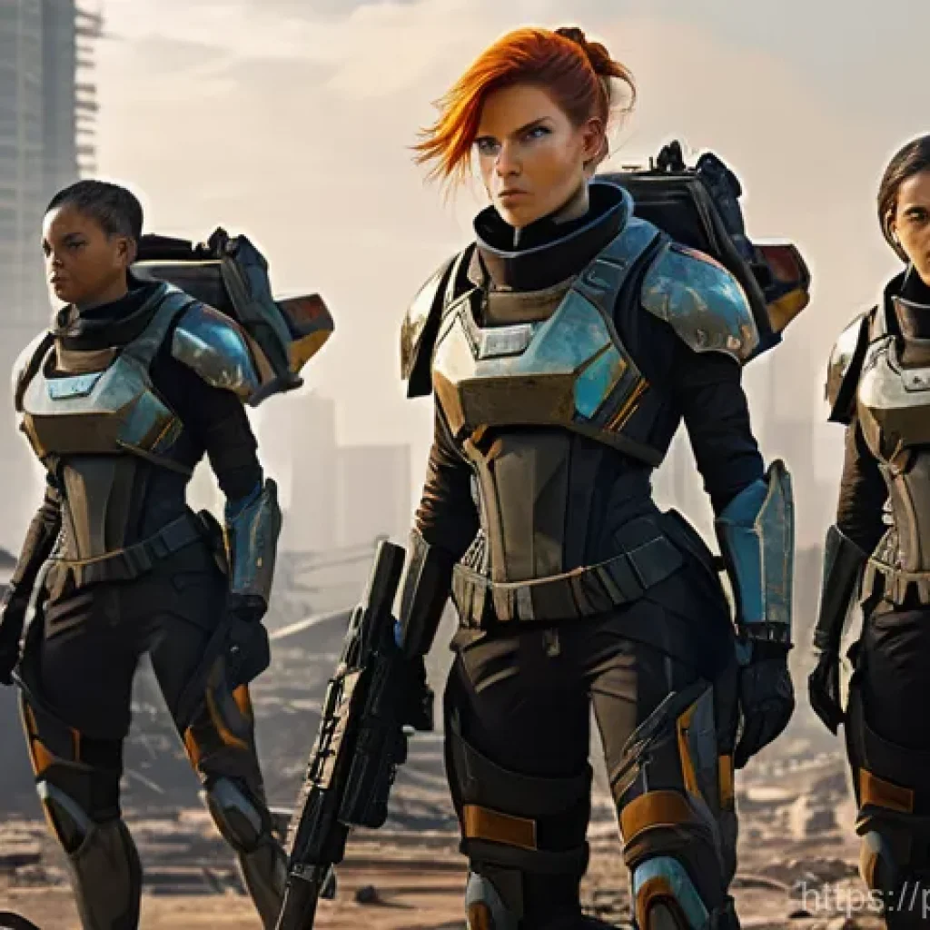 승리의여신 니케 캐릭터 기본 스토리 - **Prompt:** A group of four highly detailed, futuristic female warriors, known as Nikke, are engaged...