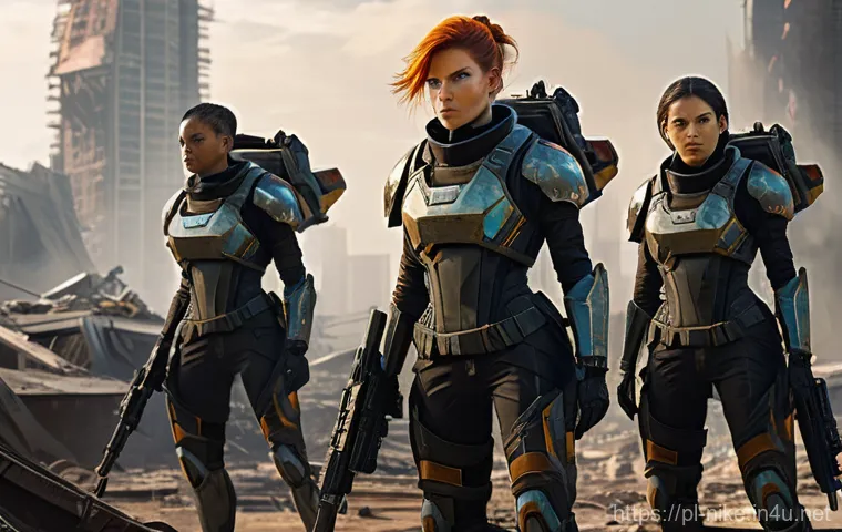 승리의여신 니케 캐릭터 기본 스토리 - **Prompt:** A group of four highly detailed, futuristic female warriors, known as Nikke, are engaged...