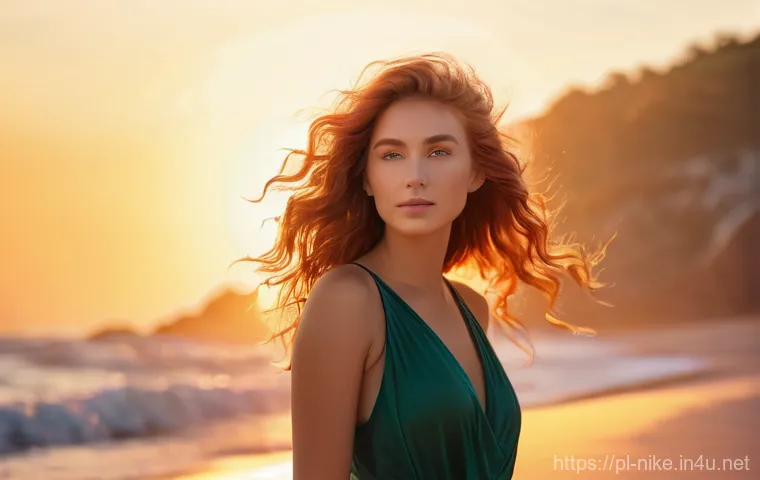 승리의여신 니케 UI 개편 제안 - A young woman, about 20 years old, with long, wavy auburn hair, is standing on a sun-drenched beach ...