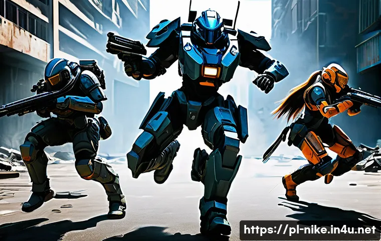 승리의여신 니케 한국 vs 해외 평가 비교 - **Prompt 1: Dynamic Combat and Unique Aesthetics**
"A squad of three distinct NIKKE female chara...
