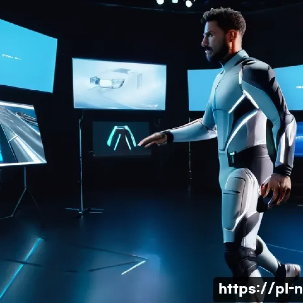 승리의여신 니케 캐릭터 모션 캡쳐 - A detailed scene inside a professional motion capture studio featuring an actor wearing a full-body ...