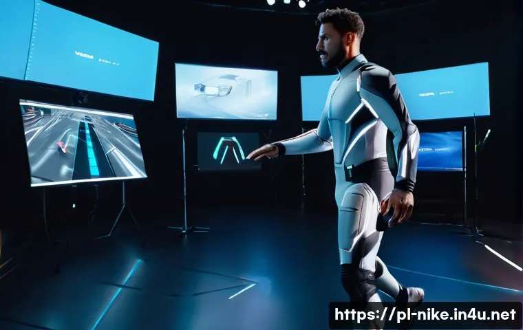 승리의여신 니케 캐릭터 모션 캡쳐 - A detailed scene inside a professional motion capture studio featuring an actor wearing a full-body ...