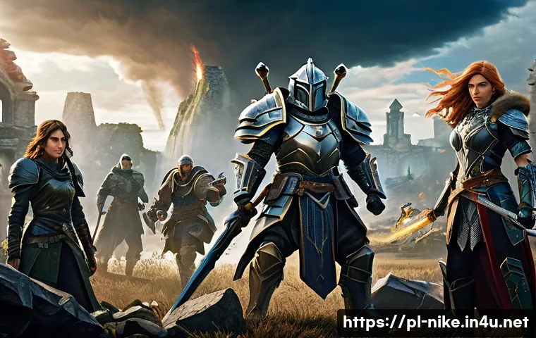 승리의여신 니케 캐릭터 성장 아이템 - A strategic RPG battle scene featuring a diverse team of fantasy heroes in detailed armor and clothi...
