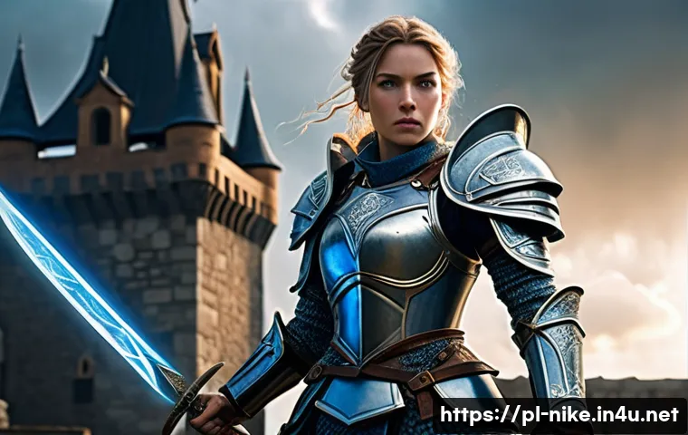승리의여신 니케 신규 유저 추천 팁 - A detailed fantasy RPG scene featuring Luna, the tank hero, standing firmly at the forefront of a ba...