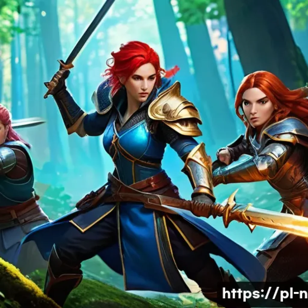승리의여신 니케 스피드런 공략 - A dynamic battle scene featuring a well-balanced team of four fantasy heroes in a lush, detailed for...