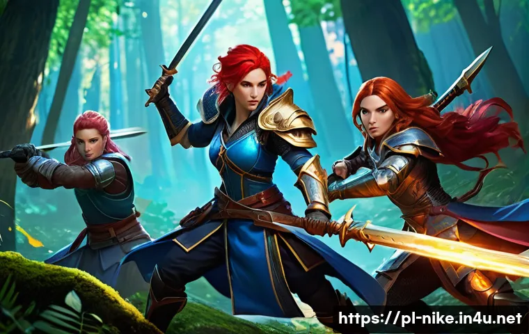 승리의여신 니케 스피드런 공략 - A dynamic battle scene featuring a well-balanced team of four fantasy heroes in a lush, detailed for...