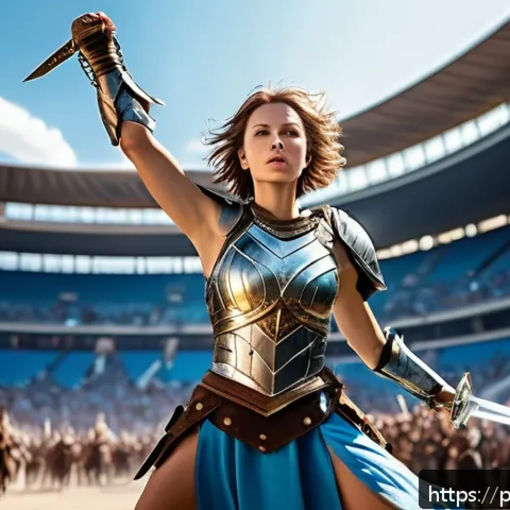 승리의여신 니케 인기 캐릭터 설문 조사 - A dynamic female warrior named Aria in a fantasy arena, wearing intricate light armor with sleek met...