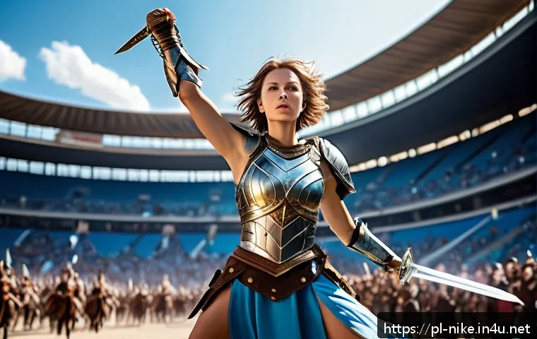 승리의여신 니케 인기 캐릭터 설문 조사 - A dynamic female warrior named Aria in a fantasy arena, wearing intricate light armor with sleek met...