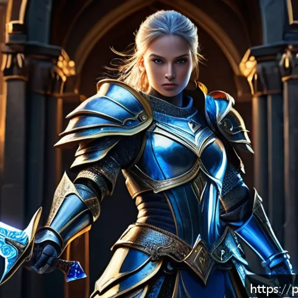 승리의여신 니케 아이템 진화 방식 - A dynamic fantasy RPG scene featuring a heroic female warrior in intricately designed armor wielding...