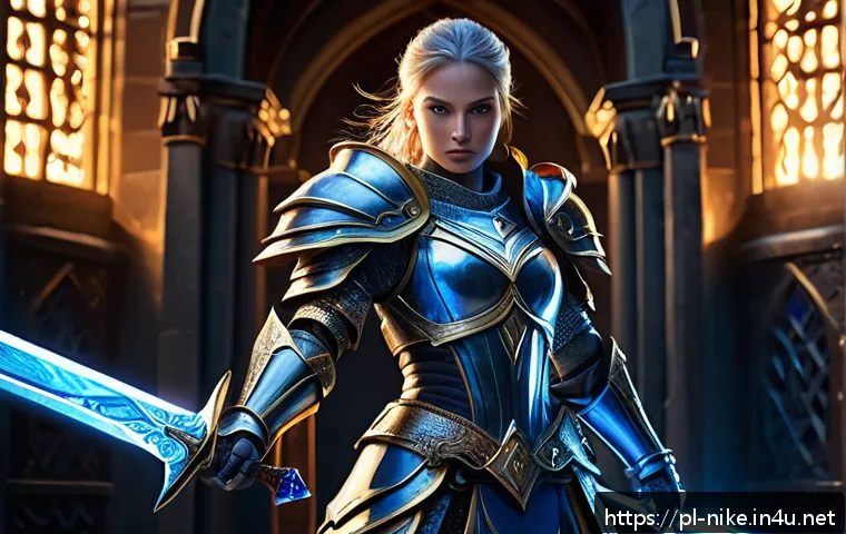 승리의여신 니케 아이템 진화 방식 - A dynamic fantasy RPG scene featuring a heroic female warrior in intricately designed armor wielding...