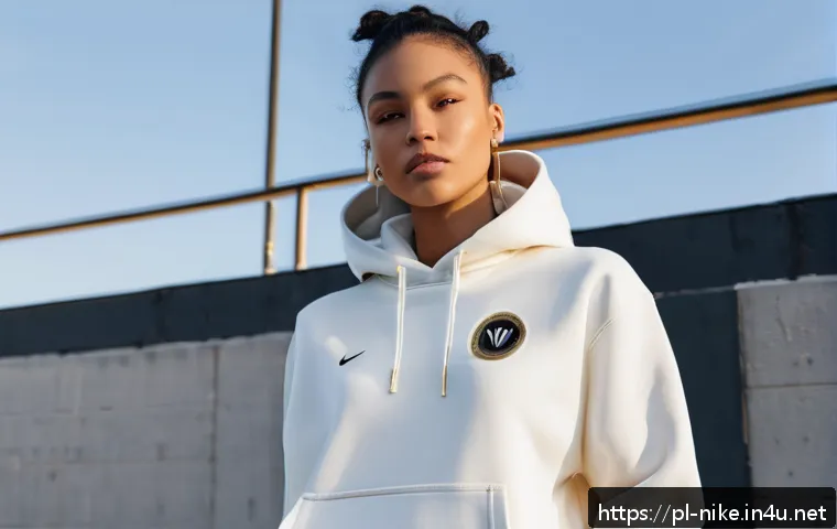 승리의여신 니케 공식 굿즈 리뷰 - A stylish young adult wearing a Victory Goddess collection streetwear outfit by Nike, featuring a wh...