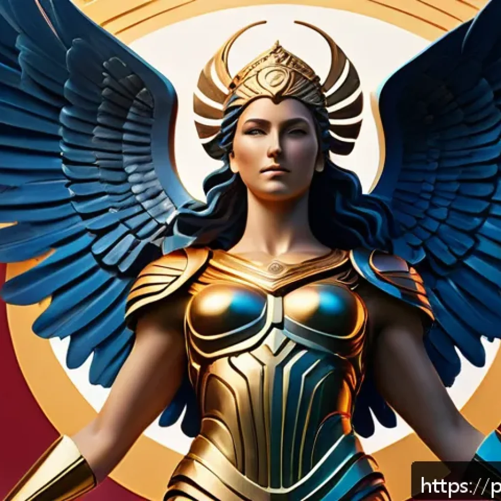 승리의여신 니케 팬아트 리소스팩 - A dynamic digital painting of the Greek goddess Nike depicted as a powerful, modern warrior wearing ...