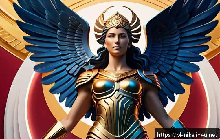 승리의여신 니케 팬아트 리소스팩 - A dynamic digital painting of the Greek goddess Nike depicted as a powerful, modern warrior wearing ...