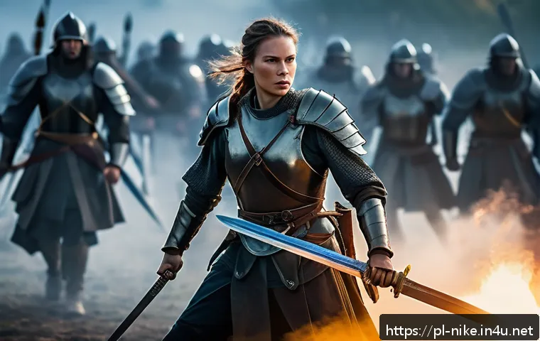 승리의여신 니케 속성별 상성 관계 - A dynamic female warrior named Nike in light leather armor wielding a swift sword, poised in mid-com...