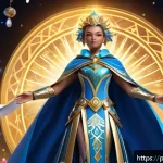 승리의여신 니케 가챠 확률 분석 - A majestic fantasy scene featuring Victory Goddess Nike standing confidently atop a gleaming pedesta...