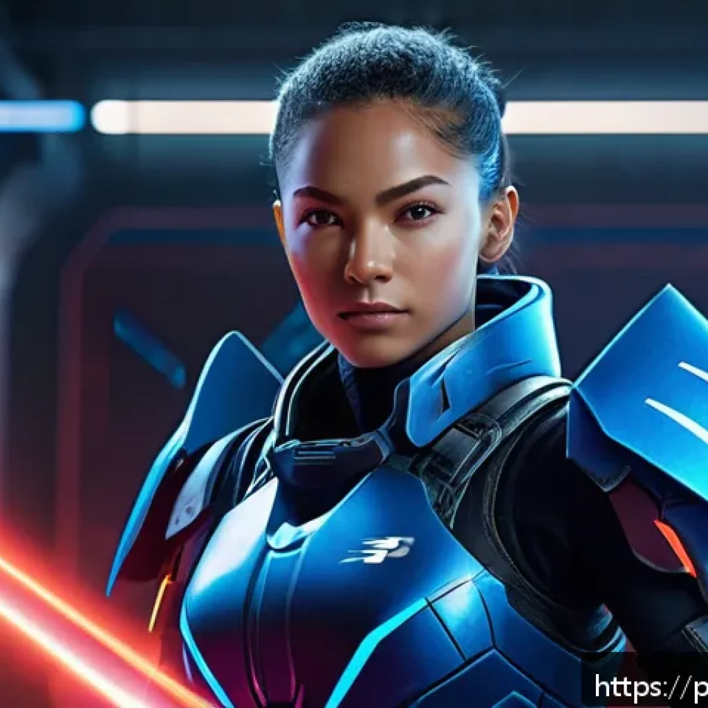 승리의여신 니케 특수 효과 분석 - A dynamic esports scene featuring a female warrior character named Nike in futuristic armor with sle...