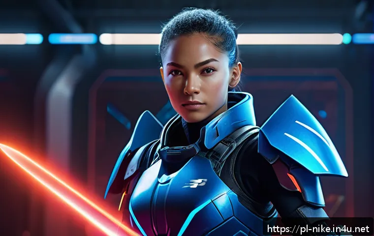 승리의여신 니케 특수 효과 분석 - A dynamic esports scene featuring a female warrior character named Nike in futuristic armor with sle...