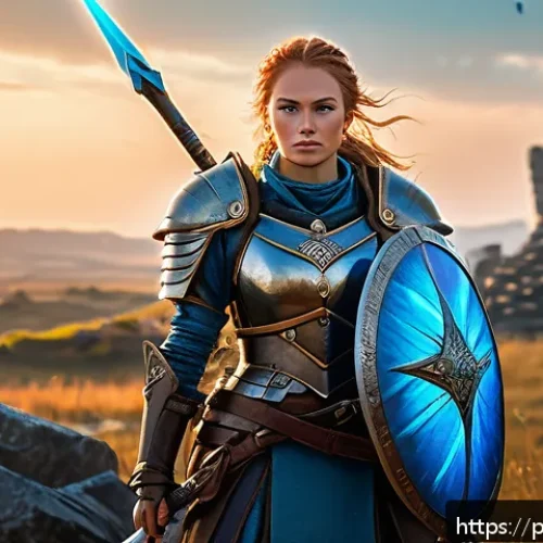 승리의여신 니케 레벨 제한 해제 방법 - A confident female warrior character from a fantasy RPG game standing on a battlefield, wearing intr...