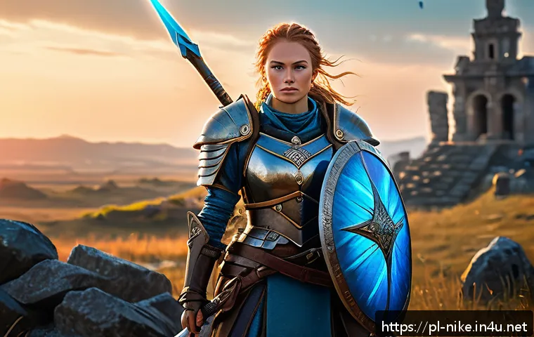 승리의여신 니케 레벨 제한 해제 방법 - A confident female warrior character from a fantasy RPG game standing on a battlefield, wearing intr...