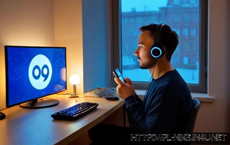 승리의여신 니케 접속 오류 해결법 - Photorealistic evening scene in a cozy modern Polish apartment, frustrated adult gamer seated at a t...