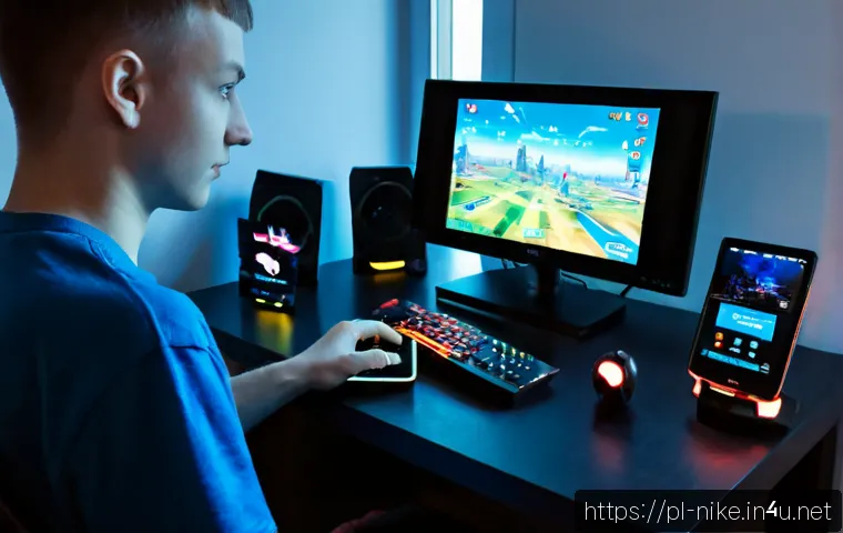 승리의여신 니케 데이터 소모량 - Photorealistic over-the-shoulder view of a young Polish gamer at a tidy apartment desk in Warsaw, ho...