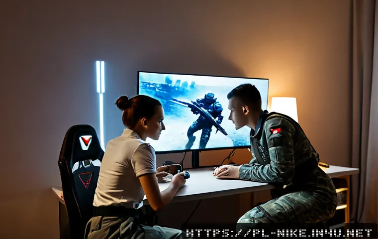 승리의여신 니케 파티 공격력 상승 비결 - Photorealistic gaming desk in a cozy modern Warsaw apartment, focused adult player studying a futuri...